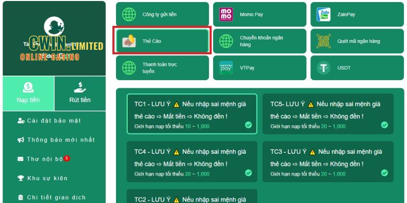 Nạp tiền trên Cwin 